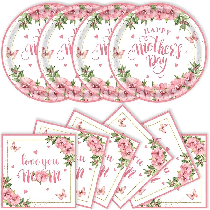 40pcs Mother's Day Paper Plates and Napkins Party Supplies, Disposable Mothers Day Party Plates and Napkins Flowers Theme Tableware Set for Birthday Mother's Day Decorations (Mothers Day)
