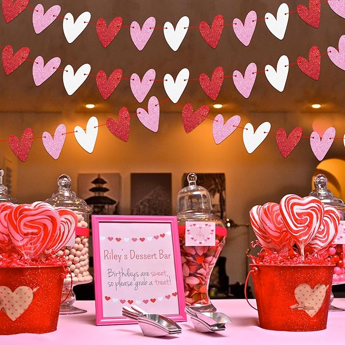 Tifeson 4 Pack Glitter Heart Garland Banner, NO DIY, Valentine's Day Decorations, Red Pink White Paper Heart Banner for Valentines Home Mantle Wall Table Wedding Engagement Anniversary Galentines Decor