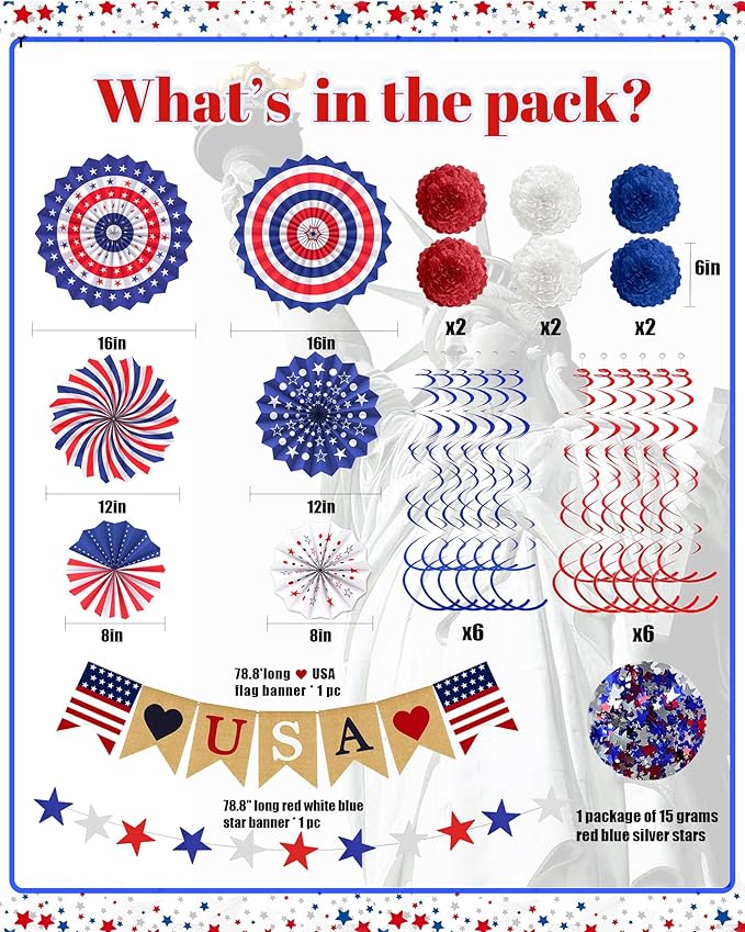 33 Pcs 4th/Fourth of July Memorial Day Decorations, Patriotic Decorations Outdoor Indoor Office USA Banner Red White Blue Star Streamer Hanging Swirls Veterans Day Decor for Independence Day
