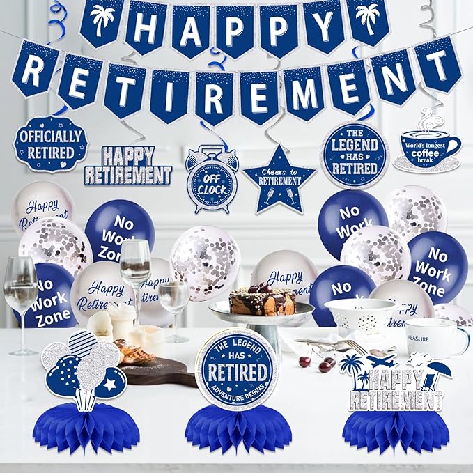 25Pcs Retirement Party Decorations for Men Women, Blue Silver Happy Retirement Banner Hanging Swirl Balloons Honeycomb Centerpiece Party Supplies Set