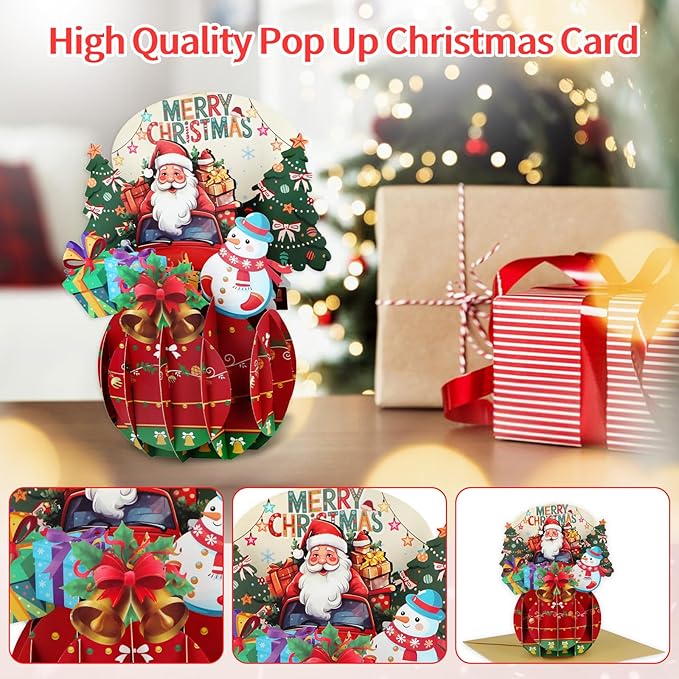 FaCraft Pop Up Christmas Card - with Envelope and Seal, Handmade 3D Merry Christmas Gift for Winter, Holidays, New Year (Santa Driving Truck)