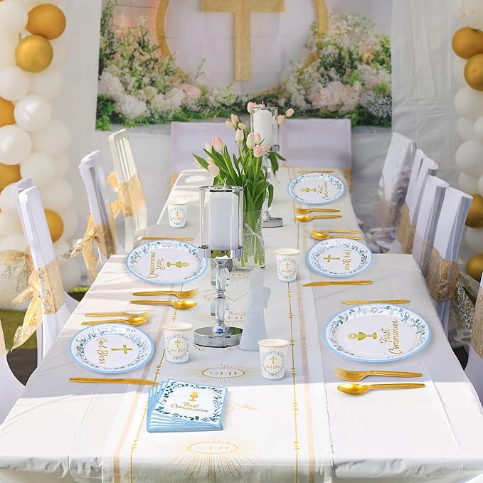 Kochorie 400 Pieces Blue First Communion Decorations, Disposable First Holy Communion Party Tableware Set with Plates Cups Napkins Cutlery Serves 50 for Baby Shower God Bless Baptism Party Supplies