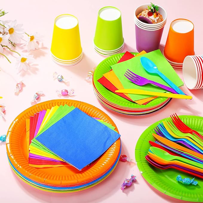 Jinei 168 Pcs Disposable Rainbow Party Supplies Set 7 Inch 9 Inch Colorful Paper Plates Napkins Cups Plastic Tableware Forks Spoons Knives for 24 Guests for Rainbow Theme Birthday Party Wedding