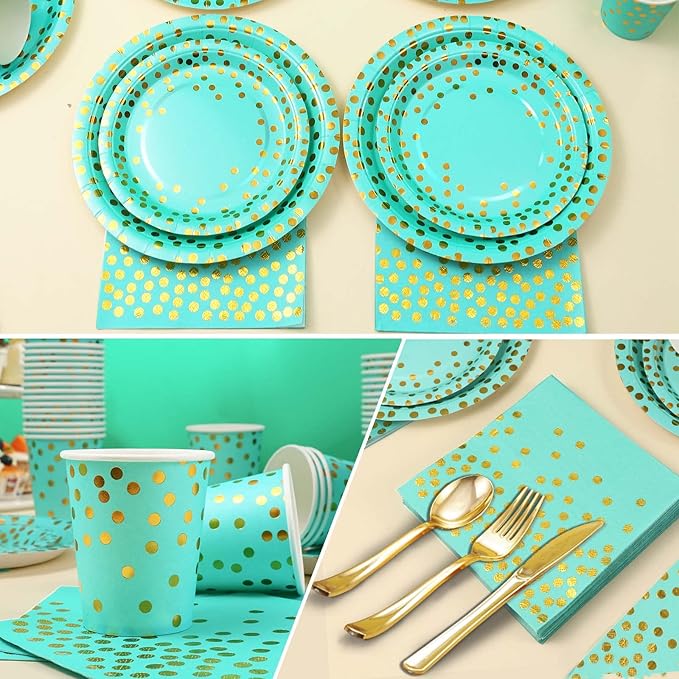 168PCS Teal Party Plates and Cups and Napkins sets,Teal Paper Plates Party Supplies Bulk with Gold Cutlery Serve 24 Guests for Bridal Shower Birthday Wedding Decorations