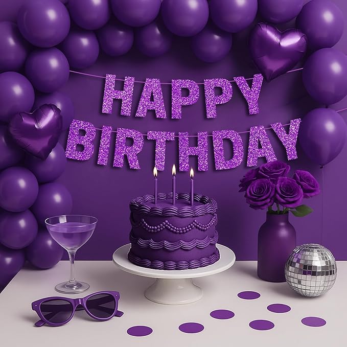 Pre-strung Happy Birthday Banner - No DIY - Purple Glitter Happy Birthday Party Banner for Girls & Women - Pre-strung on 8 ft Strands - Purple Bday Party Decorations & Decor. Did We Mention No DIY