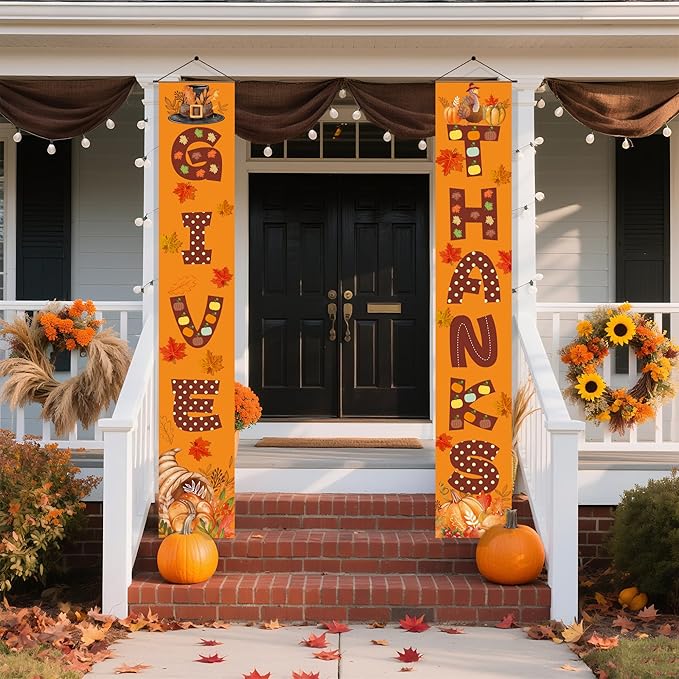 OHOME Thanksgiving Decorations - GIVE THANKS Porch Banner | Fall Decor for Indoor Outdoor Outside - Friendsgiving Party Decorations Autumn Pumpkin Welcome Door Sign for Home Yard Wall