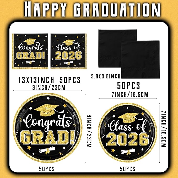 Black and Gold Graduation Decorations,200pcs Black and Gold Graduation Paper Plates and Napkins,Class of 2026 Plates for Grad Party Decorations,Serve 50