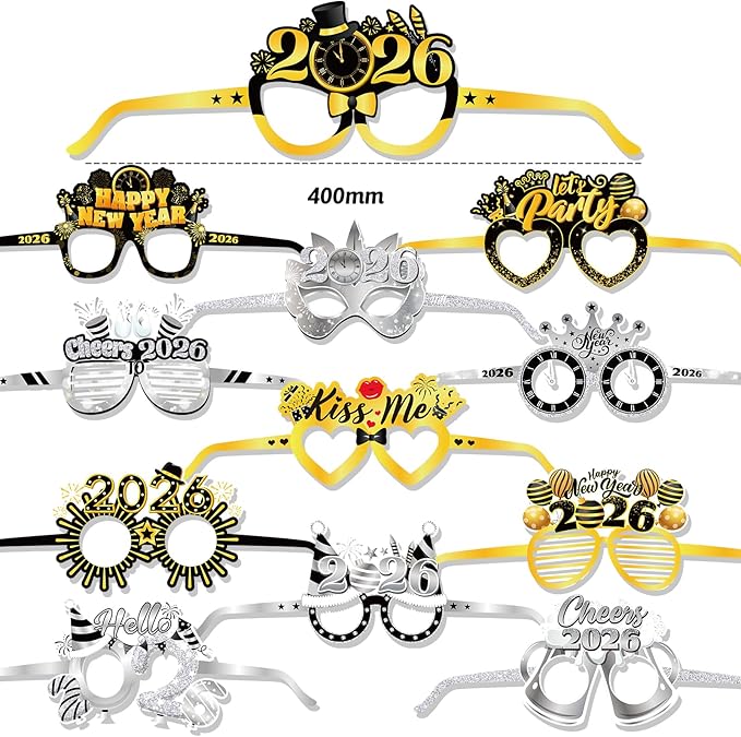 HOWAF New Year Eve Party Supplies 2026, Black Gold Silver Happy New Year 2026 Cone Hats New Years Eve Hats 2026 Glasses Party Blowouts Tattoos Bead Necklaces NYE Party Favors 2026 Decorations