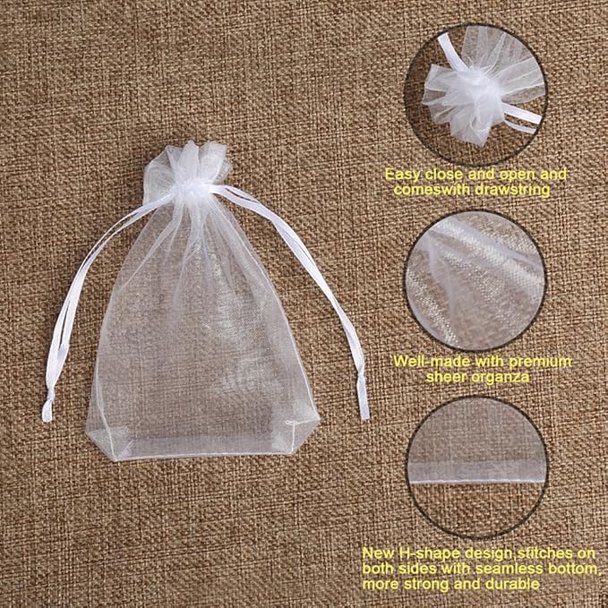Hopttreely 100PCS Premium Sheer Organza Bags, White Wedding Favor Bags with Drawstring, 4x4.72 Jewelry Gift Bags for Party, Jewelry, Christmas, Festival, Bathroom Soaps, Makeup Organza Favor Bags Easter Gifts