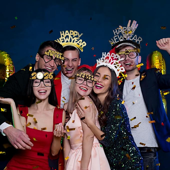 36PCS Happy New Year Decorations 2026 New Years Eve Party Supplies 2026,With 12 Happy New Year Headband Tiara,12 Noise Maker,12 New Years Glasses 2026