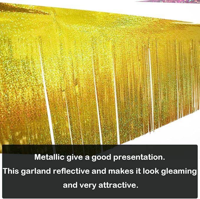 3 Pack Total 30 Feet Foil Fringe Garland Lilac Gold Metallic Wall Hanging Drapes Tassel Skirting Iridescent Gold Tinsel Streamers for Parade Float Trailer Mardi Gras Party Birthday Wedding