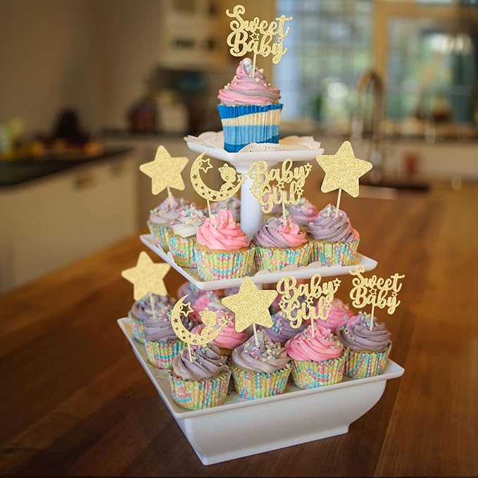 Gyufise 24Pcs Gold Glitter Baby Girl Cupcake Toppers Star Moon Sweet Baby Shower Cupcake Picks Decorations Baby Shower Girls Birthday Party Decorations Supplies