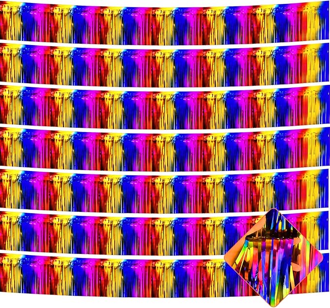 10 Pack 10 Feet Foil Fringe Garland Metallic Tinsel Streamers Banner Wall Hanging Curtain Backdrop for Parade Floats, Bachelorette, Wedding, Birthday, Halloween, Christmas Party Decorations(Rainbow)
