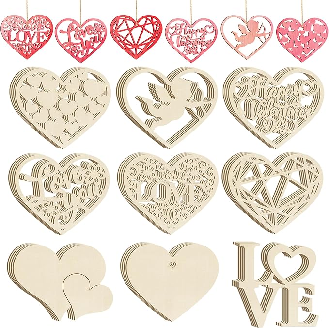 36PCS Wooden Heart Ornaments to Paint Valentine's Day Craft,9 Styles DIY Blank Unfinished Wood Heart Cutouts Ornament for Crafts Spring Tree Hanging Decorations Love