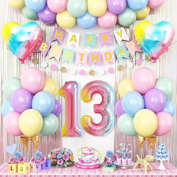 13th Birthday Decorations Rainbow,Gradient Number 13 Balloon,Pastel Happy Birthday Banner Fringe Curtain Heart Foil Balloons Boys Girls 13 Year Old Decor