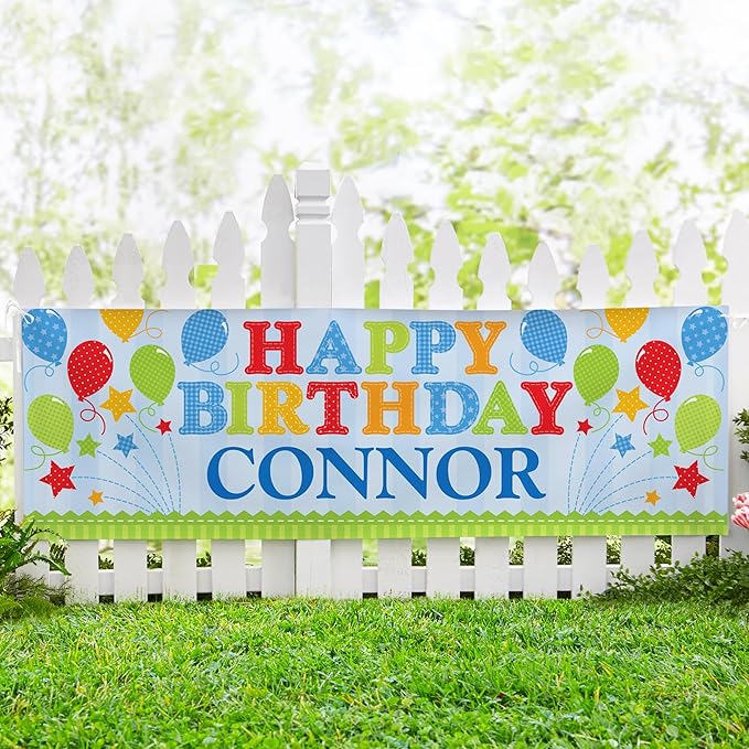 Let's Make Memories Personalized Blue Happy Birthday Banner for Kids - Custom Birthday Party Decorations - Indoor/Outdoor Vinyl - Any Name - Balloons and Stars - 8ft