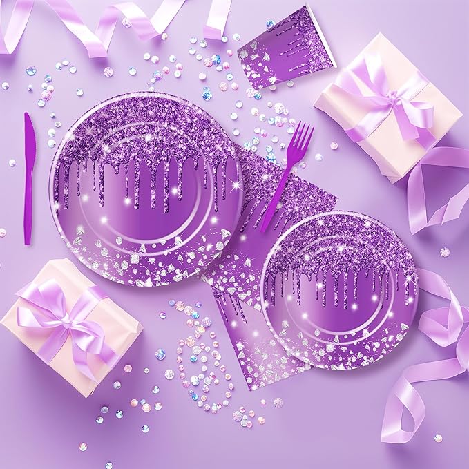 Purple Plates and Napkins Party Supplies - Decorations Tableware, Paper Plate, Napkin, Cup, Disposable Cutlery, Glitter Bridal Shower Birthday Table Decorations | Serve 24