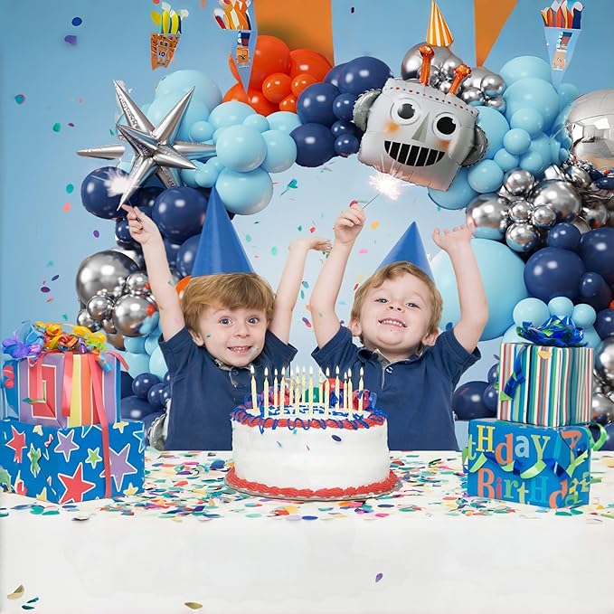 150Pcs Robot Balloon Arch Kit with Robot & Explosion Star Foil Balloons - Blue, Silver, Orange Balloons Arch Supplies for Robotics for Party, Sci-Fi Themed Birthday & Baby Shower (Blue Orange)