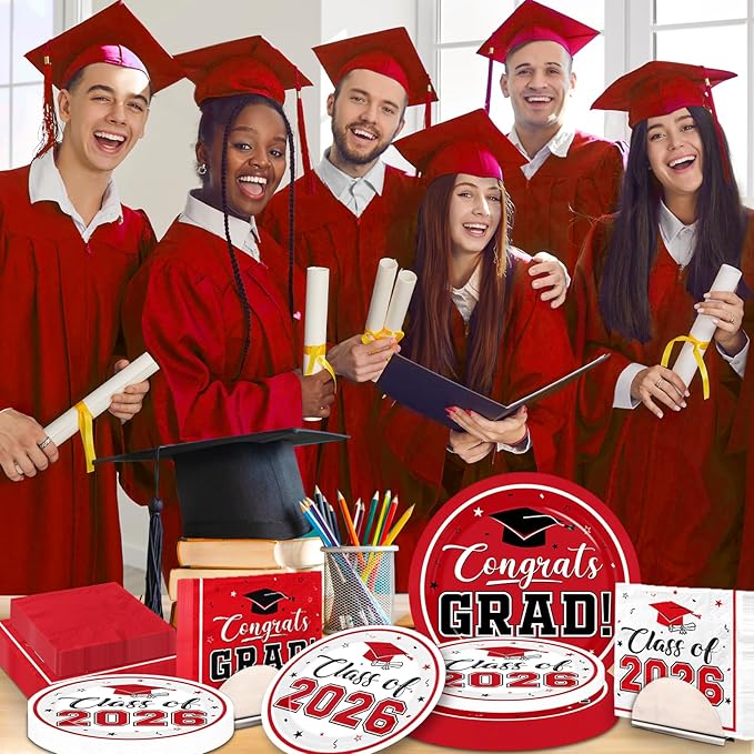 Graduation Party Plates and Napkins Red Class of 2026 Grad Congrats Party Supplies Disposable Dessert Paper Plates Cocktail Napkins forGraduation Party Decorations,Serve 50