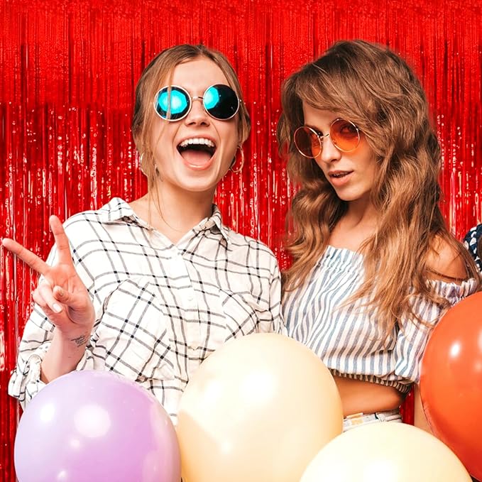 3 Pack Red Foil Fringe Curtain Backdrop, 3.28Ft x 8.2Ft Metallic Tinsel Foil Fringe Streamer Curtains for Photo Booth, Mother's Day, Easter, Birthday, Wedding Party Decorations