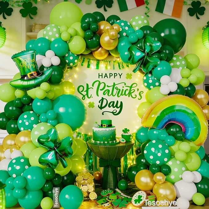 St. Patrick's Day Balloon Garland Arch Kit,Green Gold White Balloons Lucky Shamrock Clover Rainbow Hat Foil Balloons for Happy St. Patrick's Day Decorations Irish Festival Birthday Party Supplies