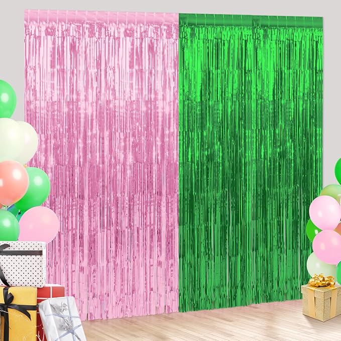 4 Pack 3.3Ft x 6.6Ft Pink and Green Foil Fringe Curtain Backdrop Decorations, Witch Metallic Tinsel Foil Streamers Curtain Photo Booth Background for Witch Wedding Birthday Party Decorations