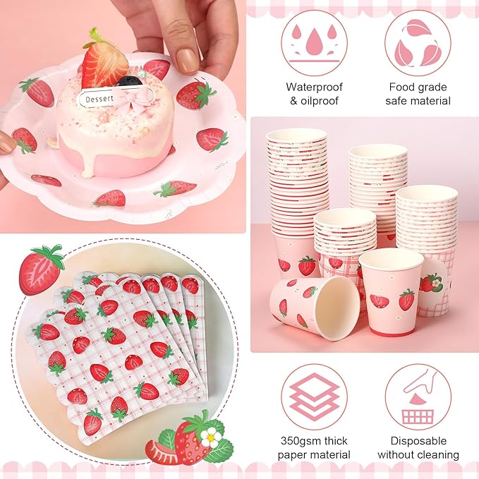 Yungyan 108 Pcs 36 Guest Strawberry Party Paper Plates and Napkins Strawberry Decoration Disposable 6" Scalloped Dessert Plates 9 oz Cup Tableware Set for Baby Shower Berry First Birthday Supplies