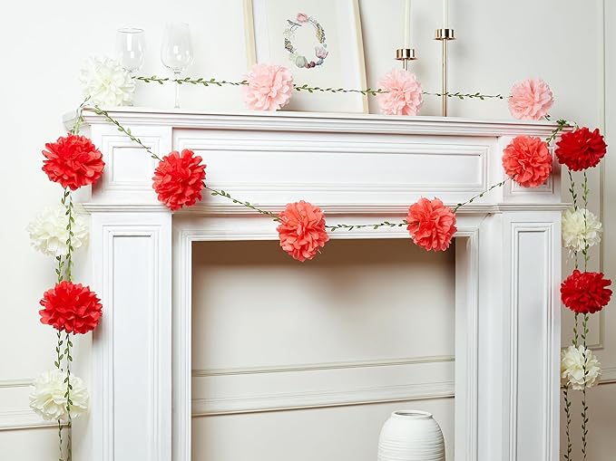 XIANNVXI Pink Tissue Paper Pom Pom Garlands Artificial Flowers Hanging Decorations 8.2ft Hanging Flowers Garland for Wedding Birthday Bridal Shower Party Spring Decorations 2PCS（Rose Pink Gradient）