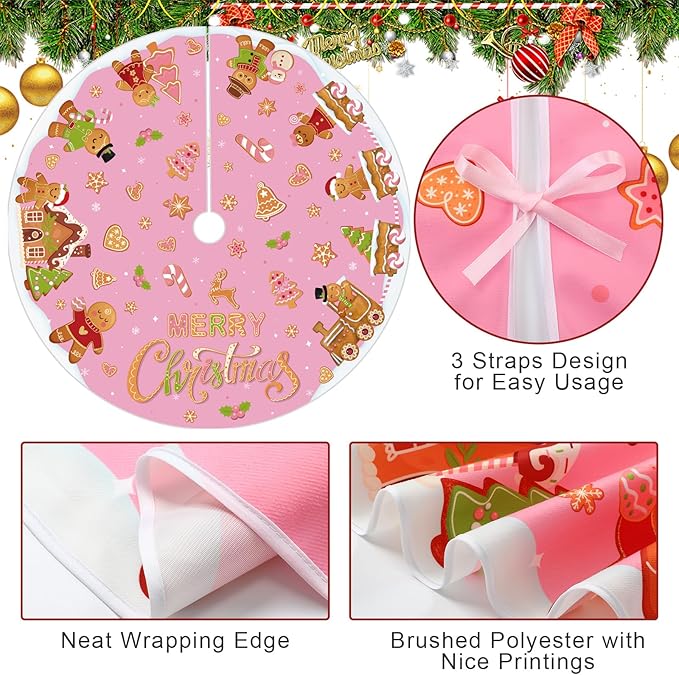 Capoda Pink Christmas Tree Skirt Gingerbread Man Candy Christmas Tree Skirt 48 Inch Xmas Tree Mat Gingerbread Christmas Tree Skirts Mat for Holiday Christmas Party Decorations Indoor Outdoor