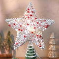 Christmas Star Tree Topper 8.3 Red and White Beads Decor 3D Star Treetop LED Lights Battery Powered Xmas Tree Ornament for Xmas Party Indoor Outdoor Home Decoration