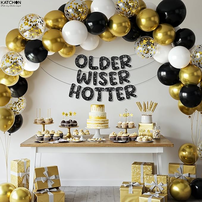 KatchOn, Older Wiser Hotter Birthday Decorations – Pack Of 51 | Black Happy Birthday Decorations Banner, Balloon Arch kit | Birthday Decorations for Men, Women | 60th 70th 50th Birthday Decorations