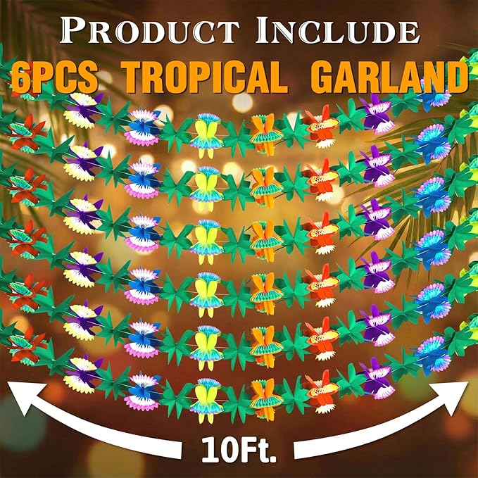 FUTUREPLUSX 6PCS Tropical Garland Party Decorations, 10 ft Multicolored Tissue Paper Hibiscus Flower Summer Banner for Birthday Beach Theme Luau Hawaiian Party Supplies Jungle Decor