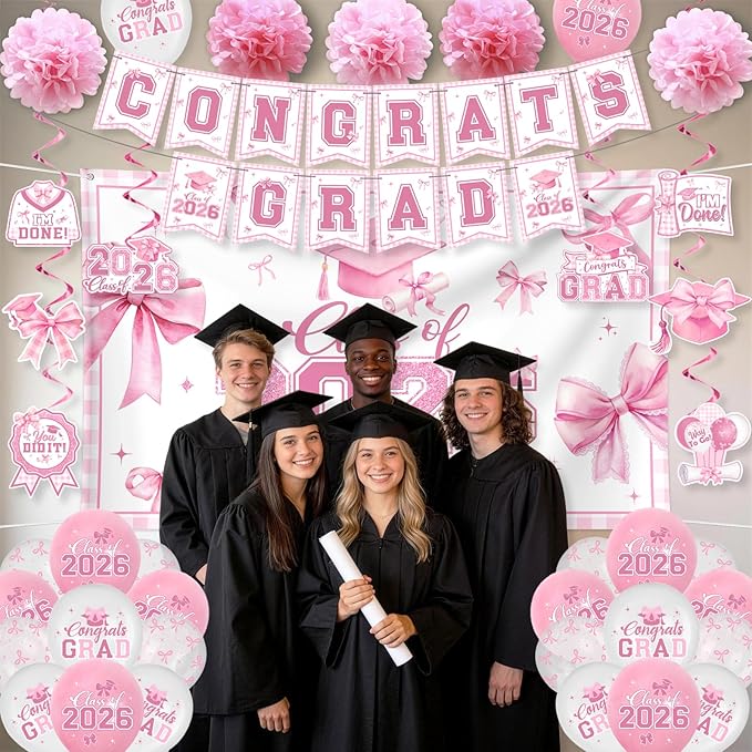 Pink Bow Graduation Decorations 2026 Set, All-in-1 Coquette Kit with Congrats Grad Banner Class of 2026 Backdrop Porch Sign Balloons Centerpieces Card Box Pom Poms Streamers for College High School