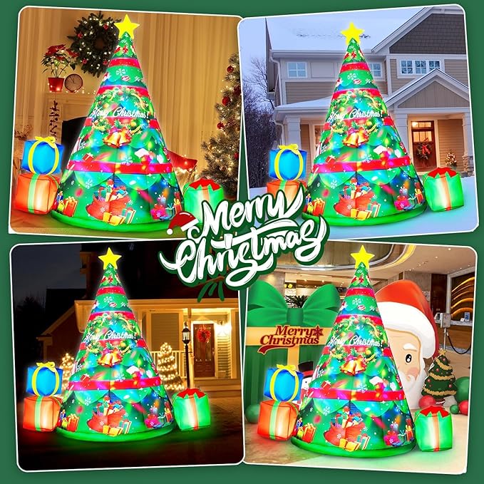 7FT Christmas Inflatables Tree Built-in 360° Rotating Colorful LEDs & Lighted Star, Christmas Decoration Outdoor Blow up Yard Decorations with 3 Gift Boxes for Xmas Party Holiday Indoor