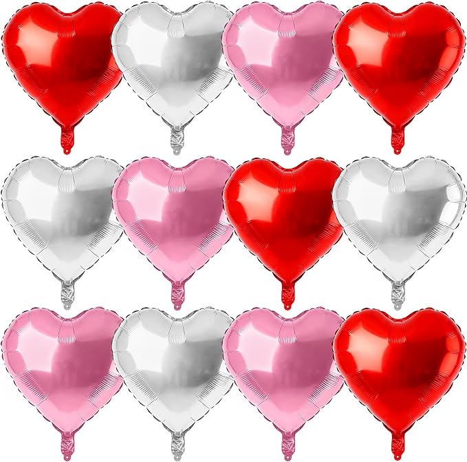 12 Pcs Pink and Red Heart Foil Balloons for Valentines Day Decorations, 18 Inch Romantic Love Valentine Heart Balloons for Galentines Day Decorations Wedding Marriage Birthday Bridal Shower Party