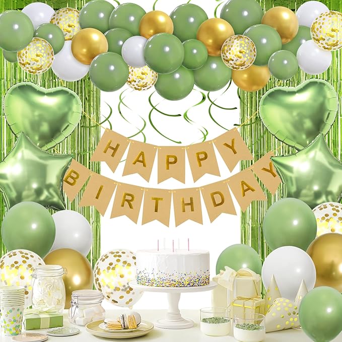 Sage Green Birthday Decorations, Happy Birthday Banner, Olive Green Balloon, Fringe Curtain, Heart Star Foil Balloon, Hanging Swirl for Kids Women Men Girls Boys Party Decorations