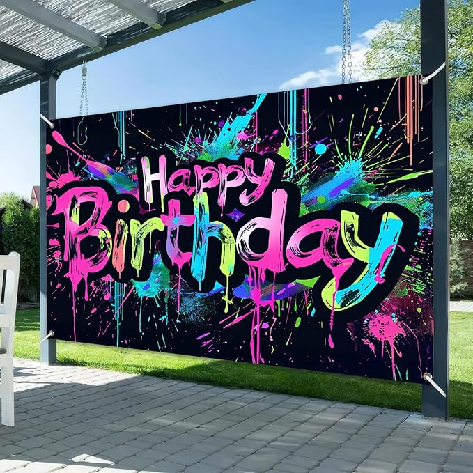 Neon Happy Birthday Banner 120x84 inch Photography Backdrops Party Background Decorations Colorful Graffiti Splash Paint KidsBirthday Supplies Glow in The Dark