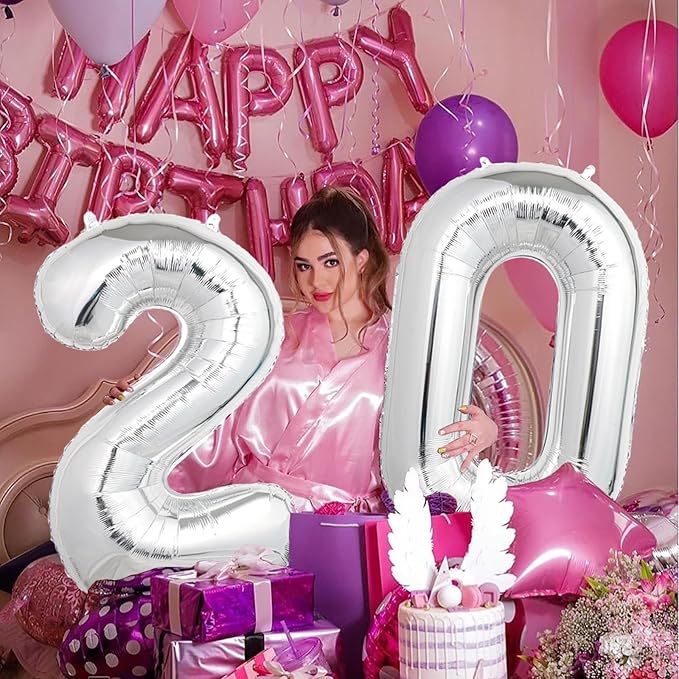 Number Balloons Silver Party Balloon - Giant Number 20 Balloon, 40 Inch Large Balloon for 20th Birthday Decorations, Silver Party Supplies for Anniversary