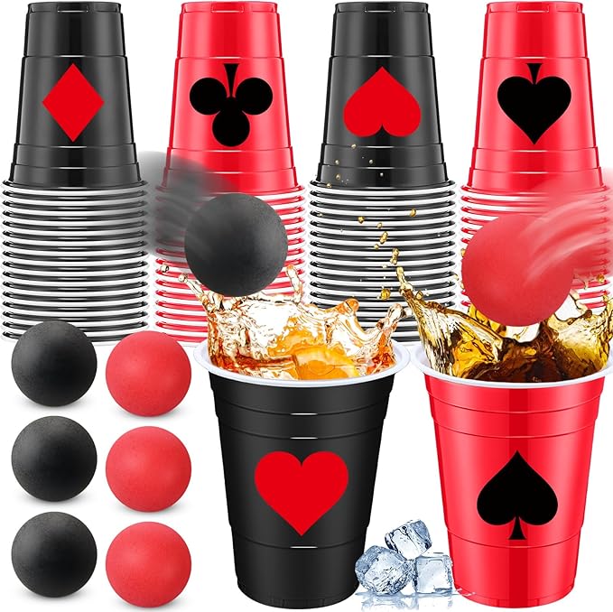 32 Pcs Party Game Supplies 16oz Red Black Plastic Cups with 8 Balls, Cups Set for Toss Games Supplies Birthday Game Night Decoration