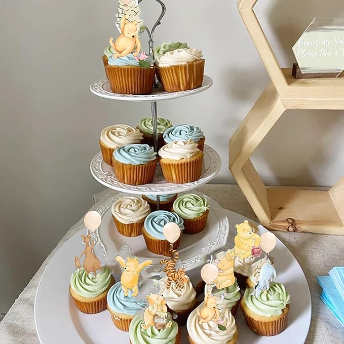 48 Pcs Winnie Cupcake Toppers Classic Pooh Baby Shower Decorations Cute Cake Decorations Oh Baby Newborn Party Favors Boys and Girls First Birthday Supplies