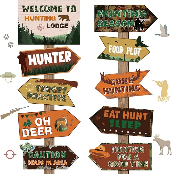 Hooqict 20 Pieces Hunting Party Decorations Hunting Themed Party Directional Signs for Camo Deer Birthday Party Decorations Welcome to Camouflage Party Supplies for Boys Men