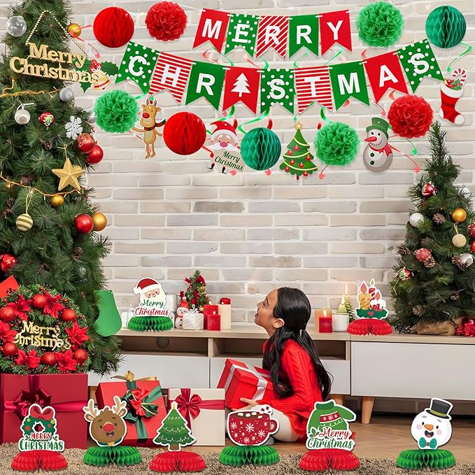 Merry Christmas Party Decoration Banner Set Paper Fan Flower Xmas Bunting ,Swirls Streamers Christmas Tree Xmas Stocking Santa Table Decorations