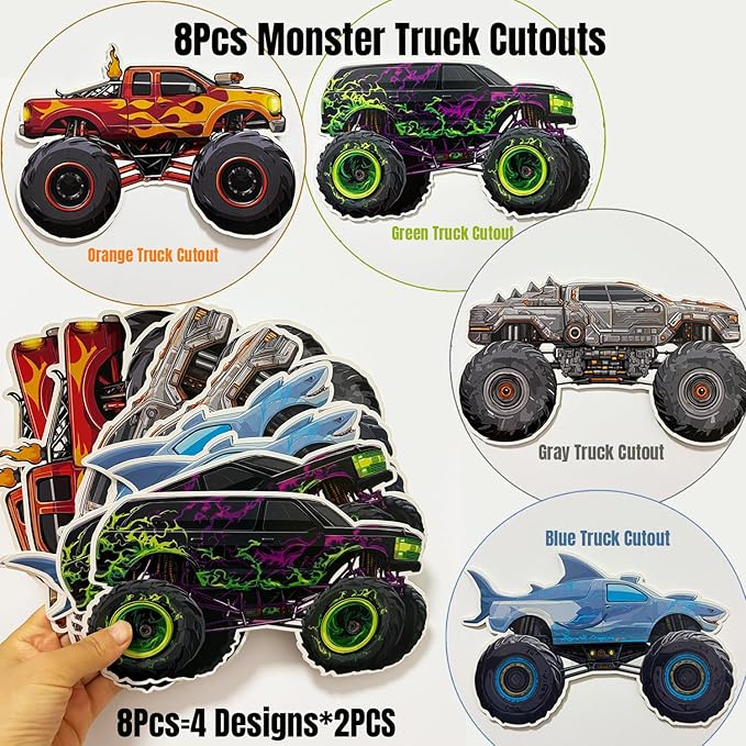132pcs Monster Truck Birthday Decorations for Boys – Colorful Balloon Arch Kit with Wheels Foil Balloons, Truck Cutouts, Orange Green Blue Balloons, Racing Party Supplies for Kids