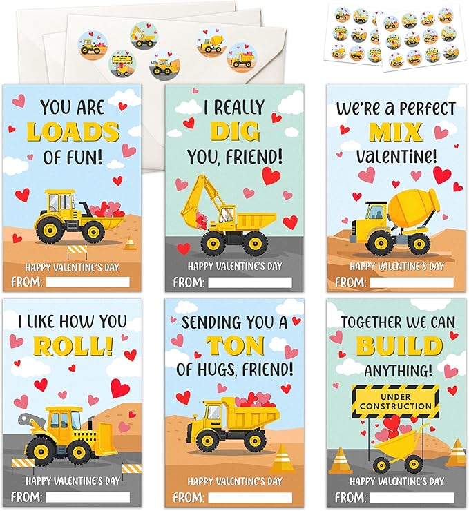 Pawzity 36 Packs Valentines Day Cards for Kids - Construction Valentines Day Gifts for Kids Classroom School Party Favors Boys Toddlers - 3.2''x 4.7'' Construction Excavator Card & Envelopes, Stickers