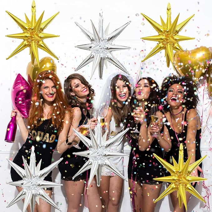 6PCS Gold Silver Star Balloons, 22Inch Large Star Balloon Foil Spike Cone Balloon for Birthday Anniversary Festival Christmas New Year Party Decorations