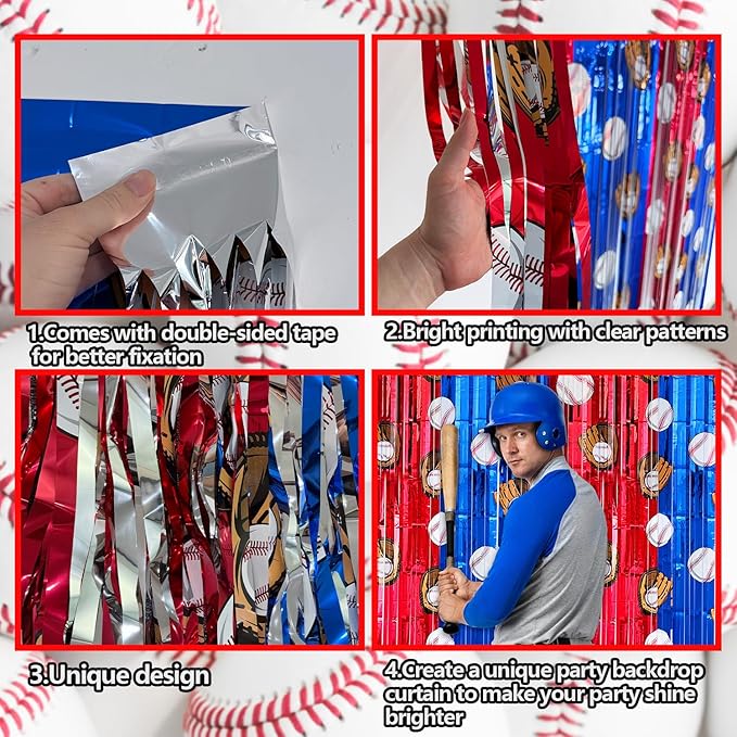 2 Pack Baseball Tinsel Foil Fringe Curtains Backdrop Party Decorations, Blue and White Red Door Streamers Banner Sports Themed Birthday Party Decor Supplies for Boys Favor