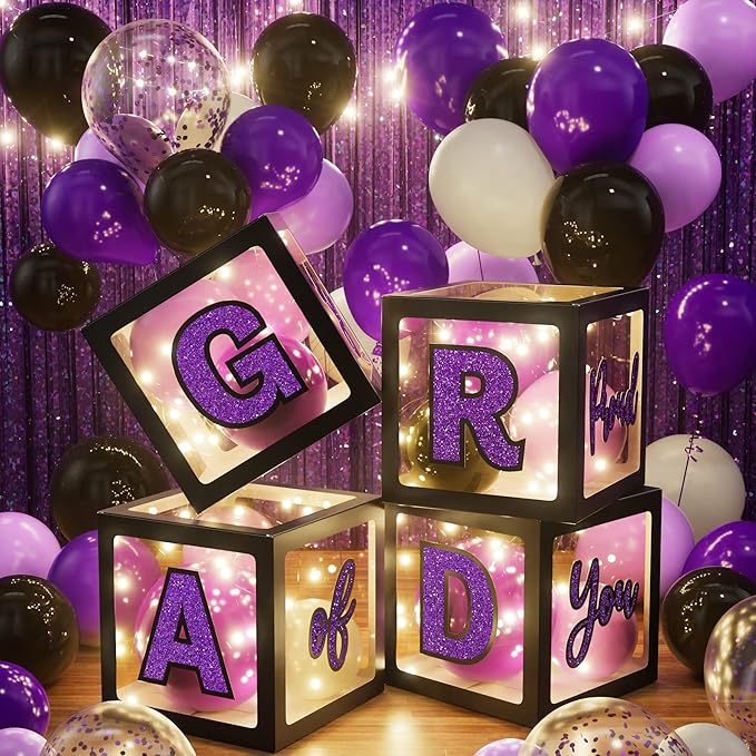 Graduation Party Decoration Class of 2026 86PCS Purple & Black Graduation Party Supplies High School College Grad Balloon Boxes with Letter, LED String Light, Foil Curtain, Balloon Garland Kit
