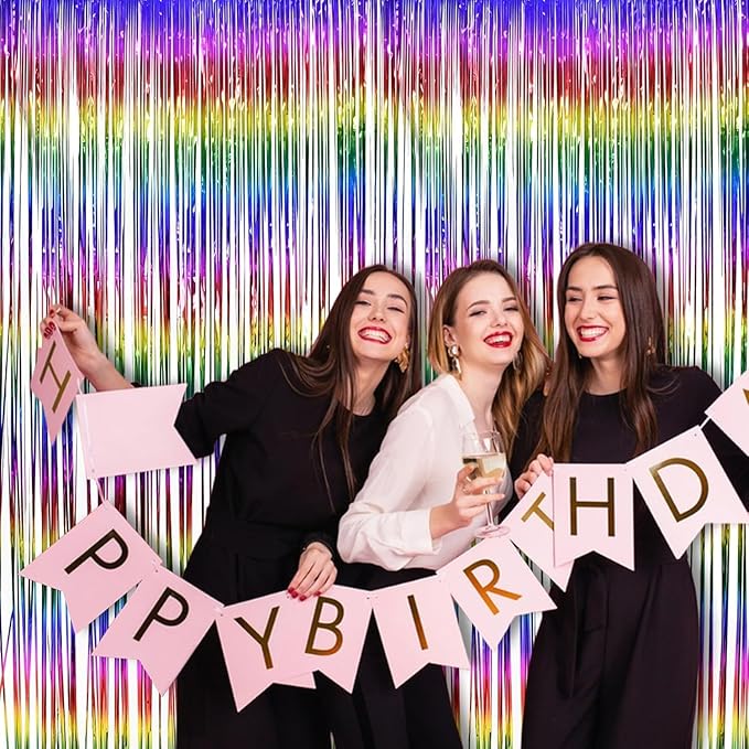 BRAVESHINE Tinsel Fringe Backdrop - 2 Pack Colorful Metallic Foil Curtain Streamers for Easter/80s/90s/Disco/Dance/Rainbow/Unicorn/Anniversary/Bridal/Engagement/Bachelorette/Birthday Party Decorations