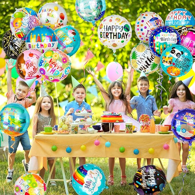 180Pcs Happy Birthday Mylar Balloons, 18IN Round Birthday Foil Helium Balloons Bulk for Party Decoration Supplies