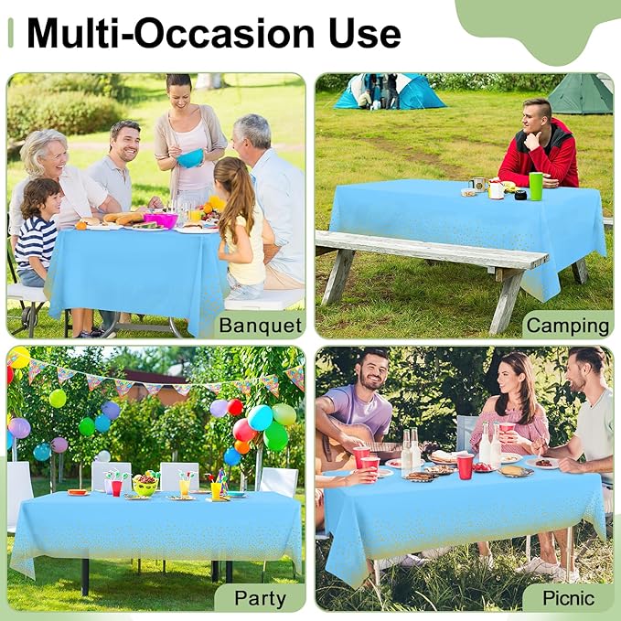 misaya 3 Packs Dot Disposable Table Cloth, 54 x 108 Inch Waterproof Plastic Tablecloth, Rectangle Gold Dots in Light Blue Table Covers for Easter, Picnic, Birthday, Party